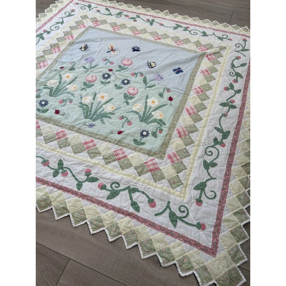 Vintage Handmade Quilt Cottagecore Floral Ladybug Butterfly Quilt 79x79